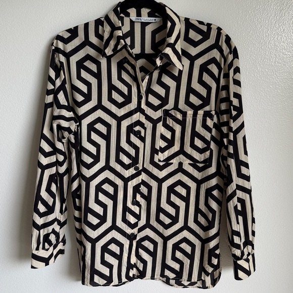 Zara Tops - Zara Cream Black Geometric Long Sleeve Button Down Blouse, Small